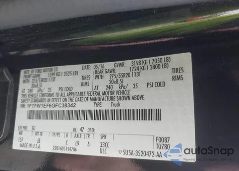 2016 Ford F-150 Xlt from USA, damaged, VIN 1FTFW1EF6GFC38342